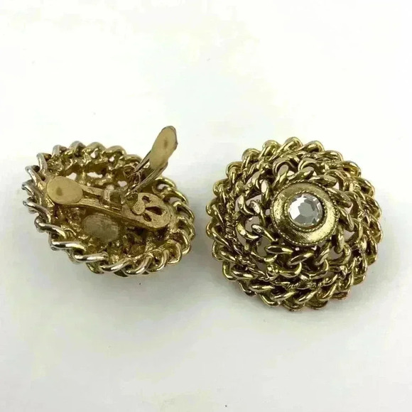 VTG Gold Tone Metal Clip On Earrings CRAFT Signed Rhinestone Center Rope Chain - Picture 3 of 12